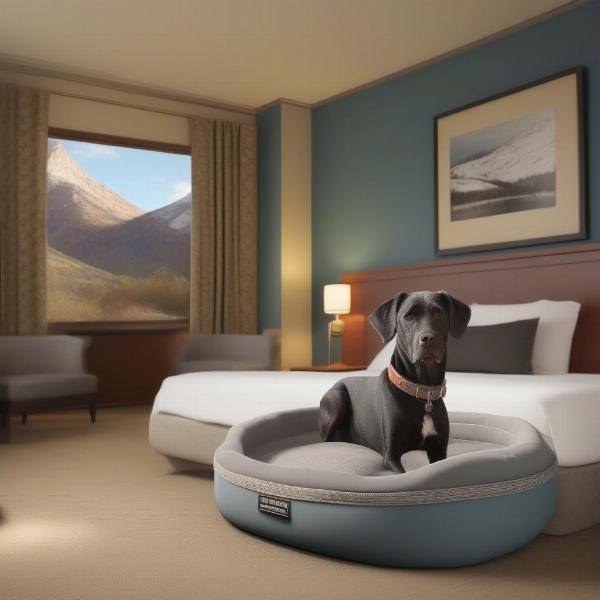 Dog-friendly hotel room in Glenwood Springs with a dog bed and water bowl.