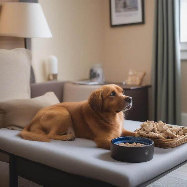 Dog-friendly amenities in a Kent hotel room, including a dog bed, water bowl, and treats.