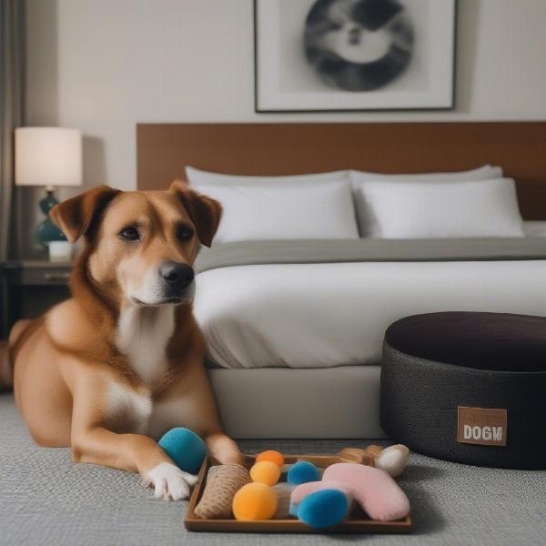 A dog relaxing on a dog bed in a hotel room