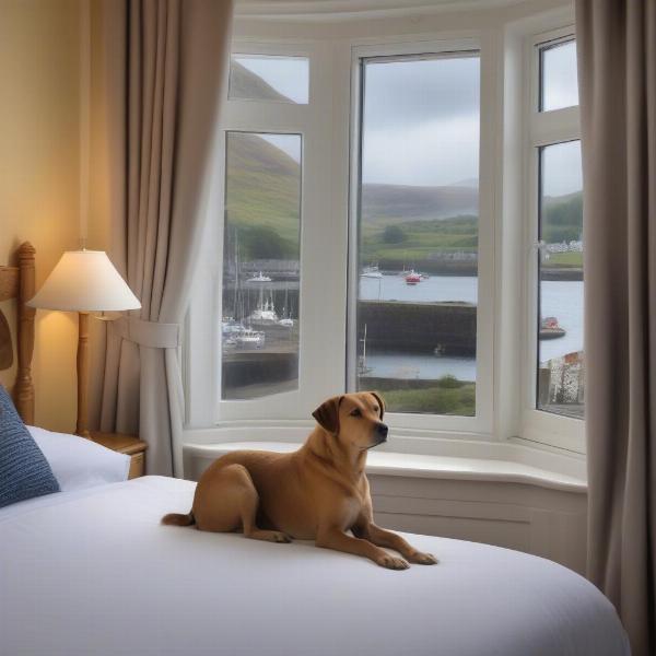 Dog-friendly hotel in Oban, Scotland with a dog sitting by the window overlooking the harbor.