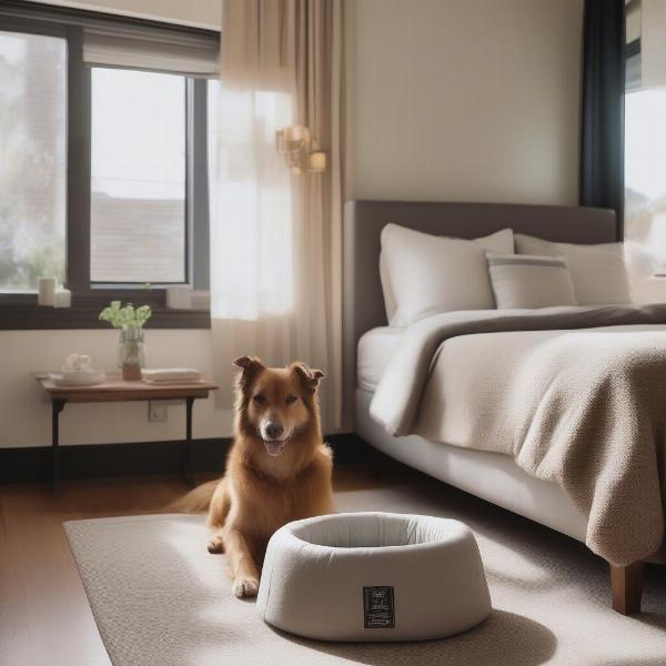 Dog-friendly hotel room in Adelaide with a dog bed and water bowl