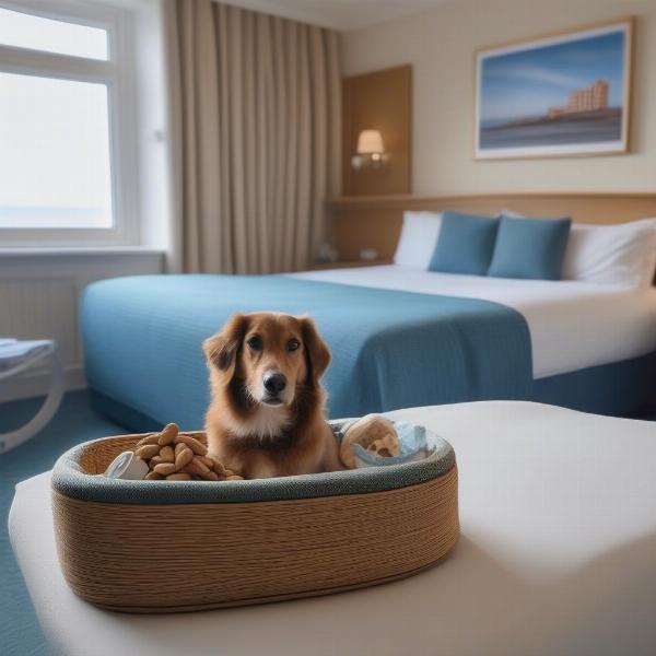 Dog-friendly hotel room in Blackpool with a comfortable bed for the dog and welcome treats.