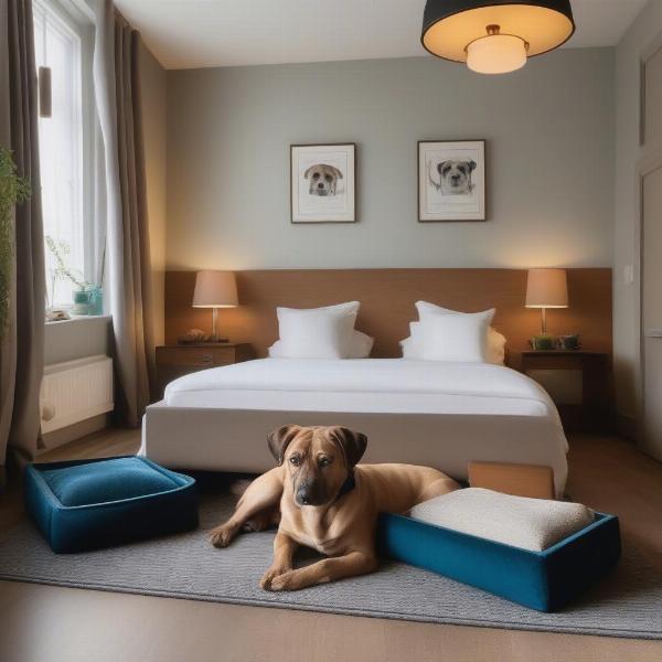 Dog-friendly hotel room in Bristol showcasing a comfortable dog bed, water bowl, and welcome treats.