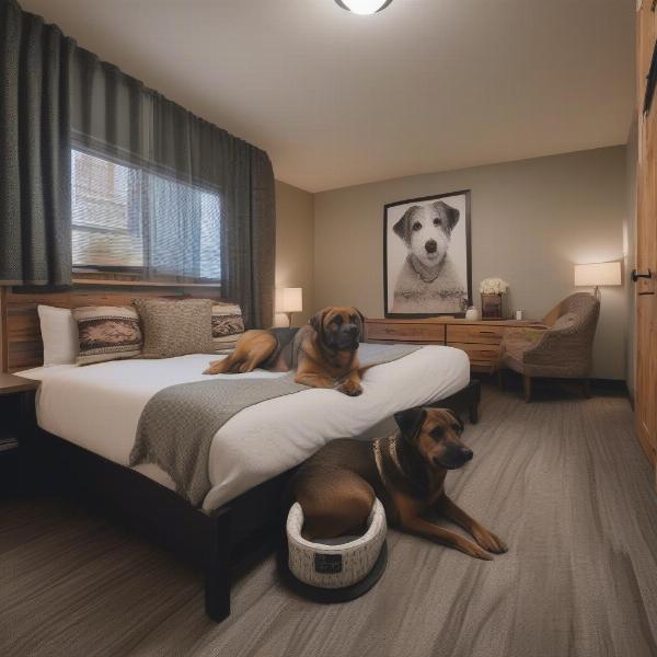 Dog-friendly hotel room in Canmore with a comfy dog bed and bowls.