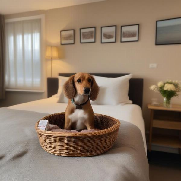 Dog-friendly hotel room in Dorset with a dog bed and water bowl.