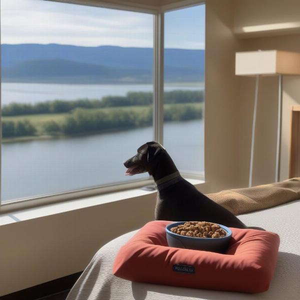 Dog-friendly hotel room in Hood River with a dog bed and water bowl.