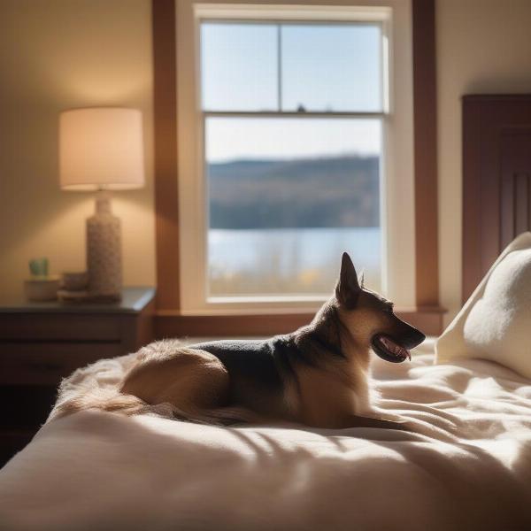 Dog-friendly hotel room in Maine with a comfy dog bed and water bowl.