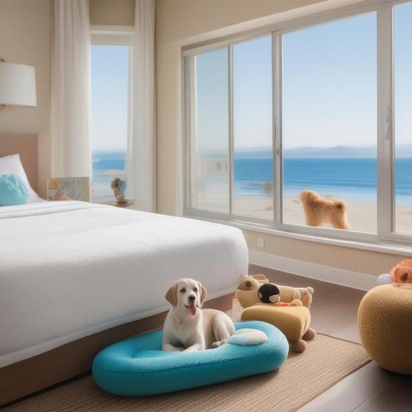 Dog-friendly hotel room in Topsail Beach, NC, with a comfortable bed for the dog and ocean view.