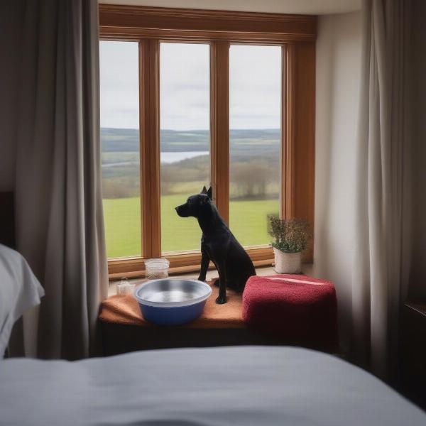 Dog-friendly hotel room in Waterford with a comfy dog bed and water bowl.