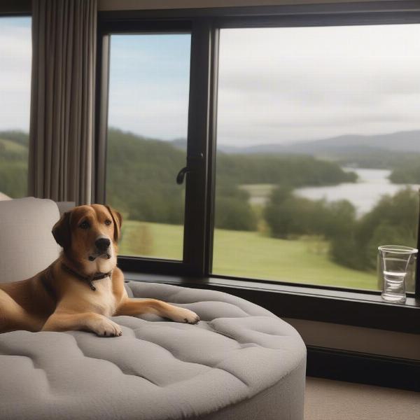 Dog-friendly hotel room in Windermere with a dog bed and water bowl.