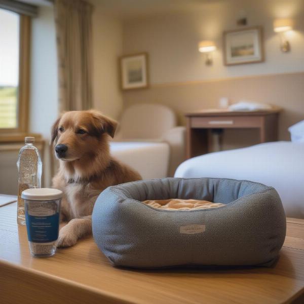 Dog-friendly hotel in South Devon with a dog bed and water bowl.