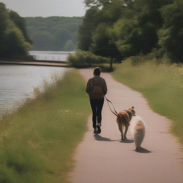 Dog enjoying a walk near a Connecticut attraction with its owner.