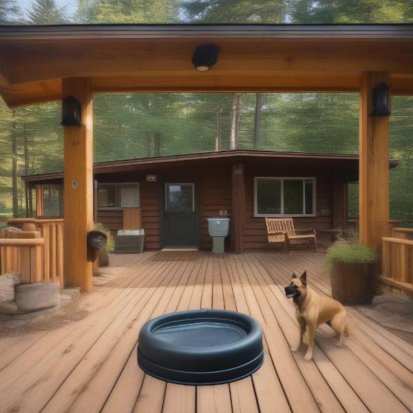 Dog friendly lodge with fenced yard, water bowls, and dog bed