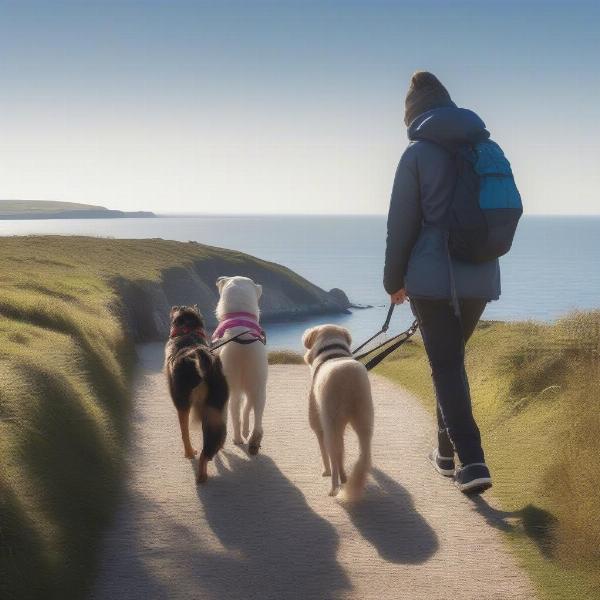 Dog walking on a coastal path in Northumberland