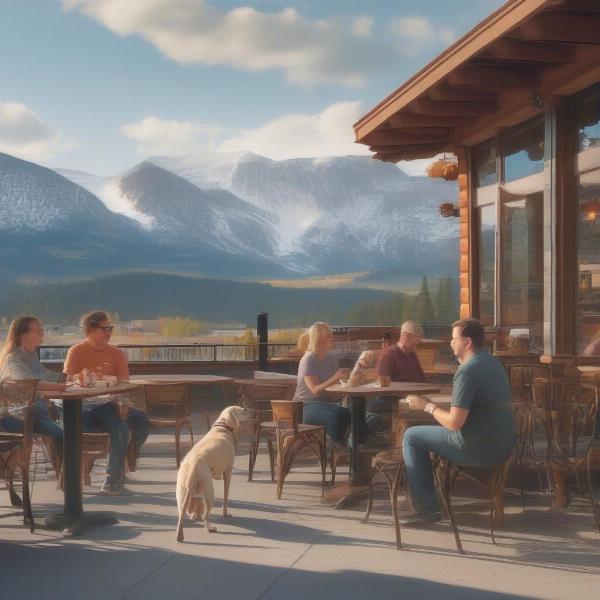 Dog-friendly patio in Bozeman, Montana, with a dog enjoying a treat