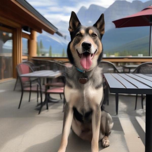 Dog enjoying a meal on a patio in Canmore