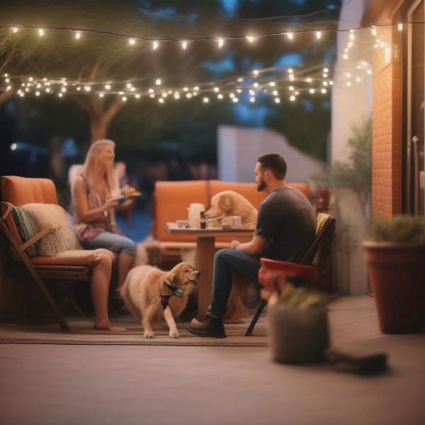 Dog-friendly patio in Chandler, Arizona, with a dog enjoying a water bowl and a couple dining.