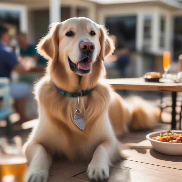 Dog enjoying a meal on a patio in Port Aransas