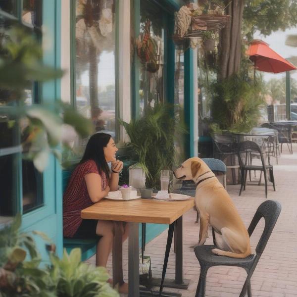 Dog-friendly patio in Sarasota Florida with a dog enjoying a meal with its owner