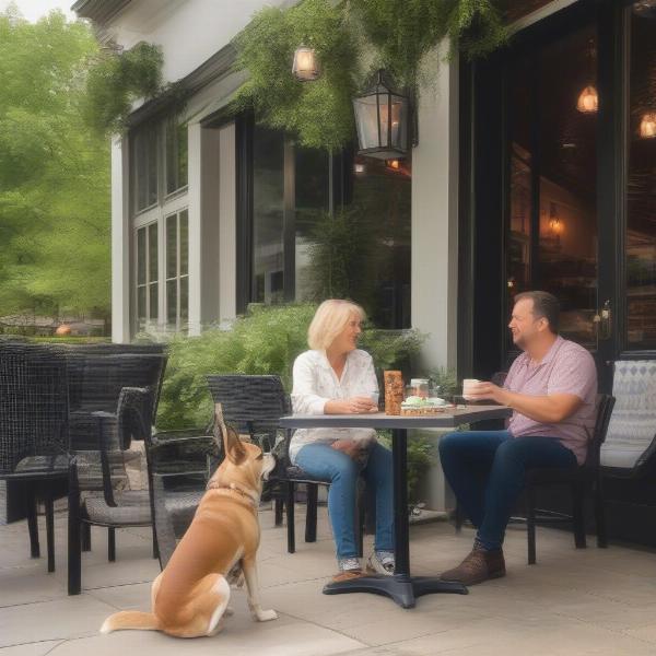 Dog-friendly patio in Saugatuck with a dog enjoying a treat