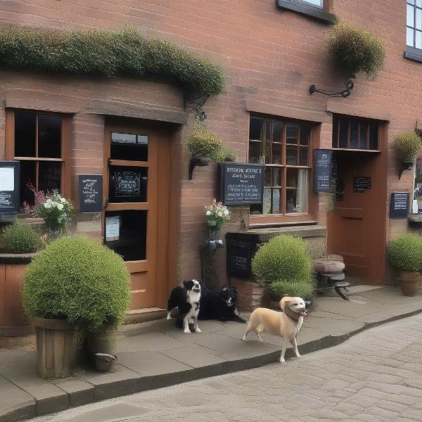 Dog-friendly pub exterior in Bridgnorth with dog bowls and a welcoming sign.