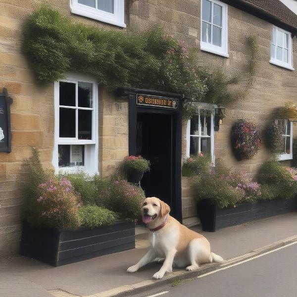 Dog-friendly pub exterior in Dorset with a dog sitting outside.