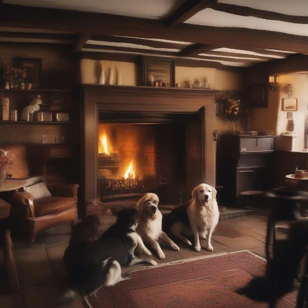 Cozy interior of a dog-friendly pub in Ludlow, featuring a fireplace, comfortable seating, and dogs relaxing with their owners.