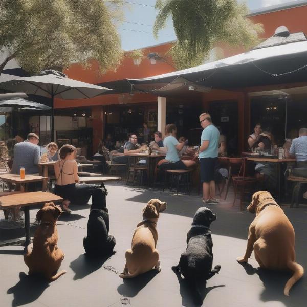 Dog-friendly pub in Brisbane with outdoor seating, water bowls, and dogs relaxing with their owners.