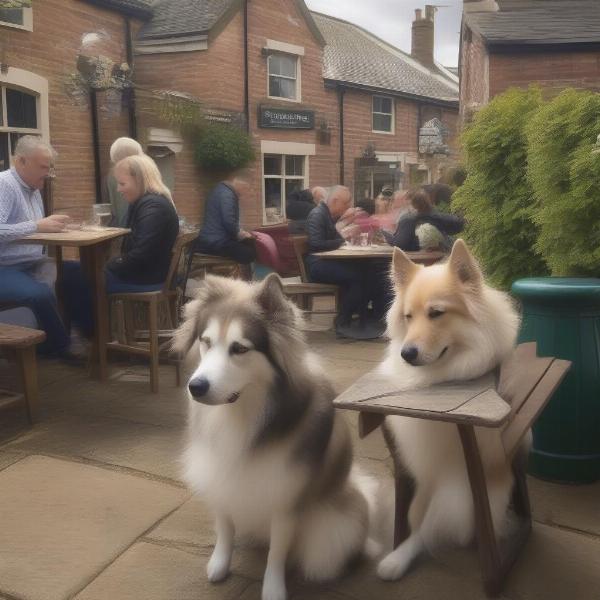 Dogs enjoying a relaxing time at a dog-friendly pub in Lincolnshire, with water bowls and treats available.