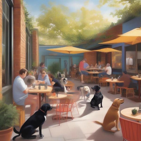 Dog-friendly restaurant patio with water bowls