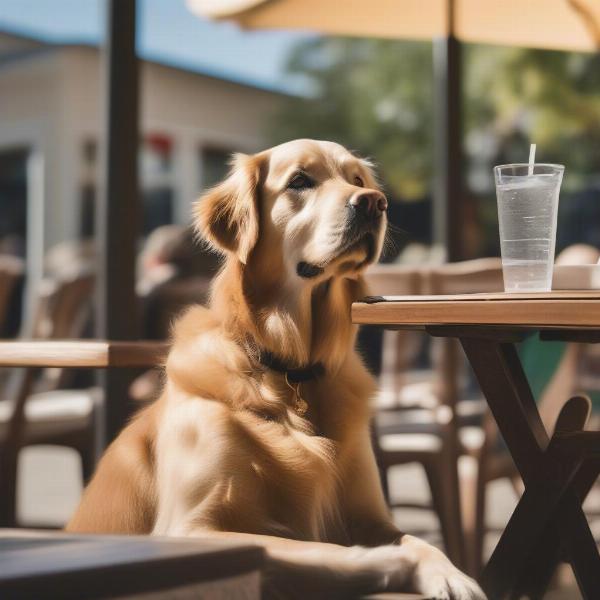 Dog enjoying a meal on a restaurant patio