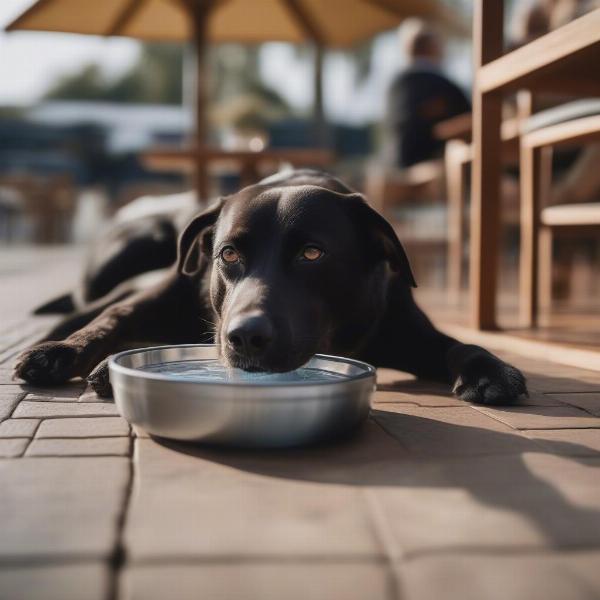 Dog drinking water from a bowl provided by the restaurant.