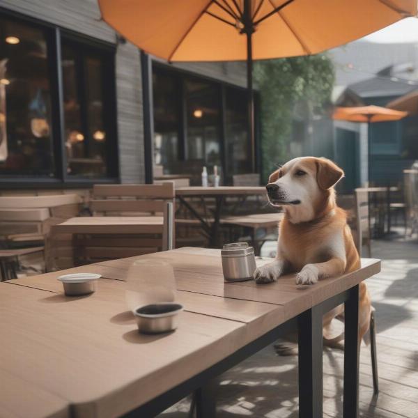 A dog relaxing at a dog-friendly restaurant patio