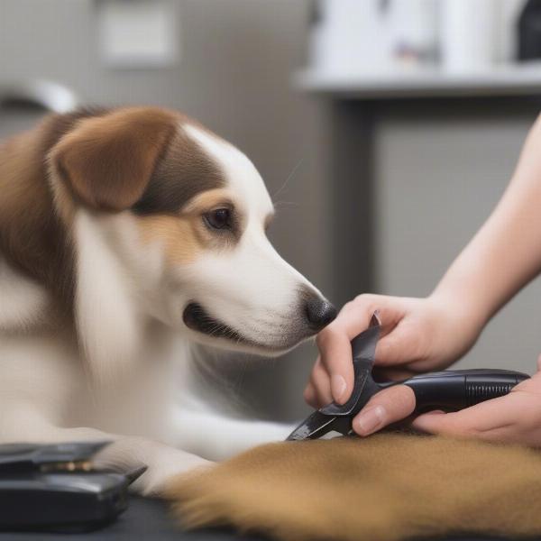 Dog getting nails trimmed at home by a mobile groomer