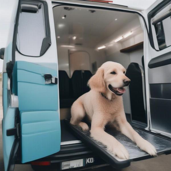 A dog enjoying a relaxing bath inside a mobile grooming van in Lubbock, Texas.