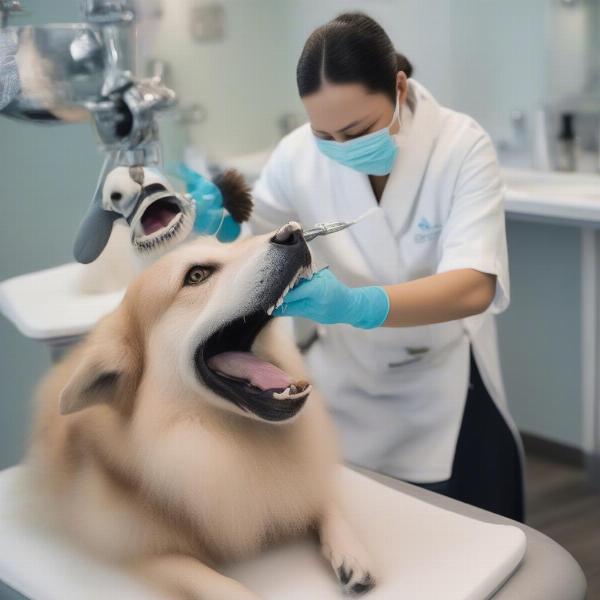 Dog getting teeth cleaned at a spa