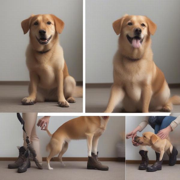 Dog getting used to boots