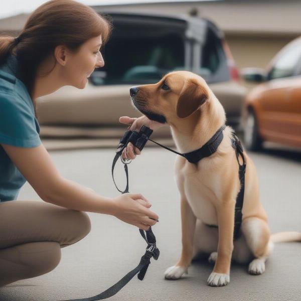 A dog being introduced to a car harness