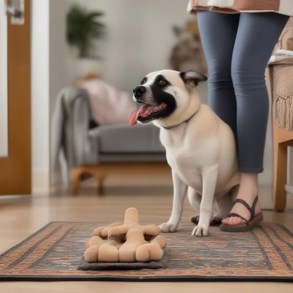 Dog getting used to sandals indoors