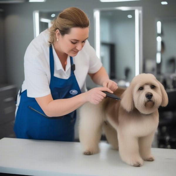 Dog groomer in Carmarthen carefully checking a dog's coat for any matting or tangles.