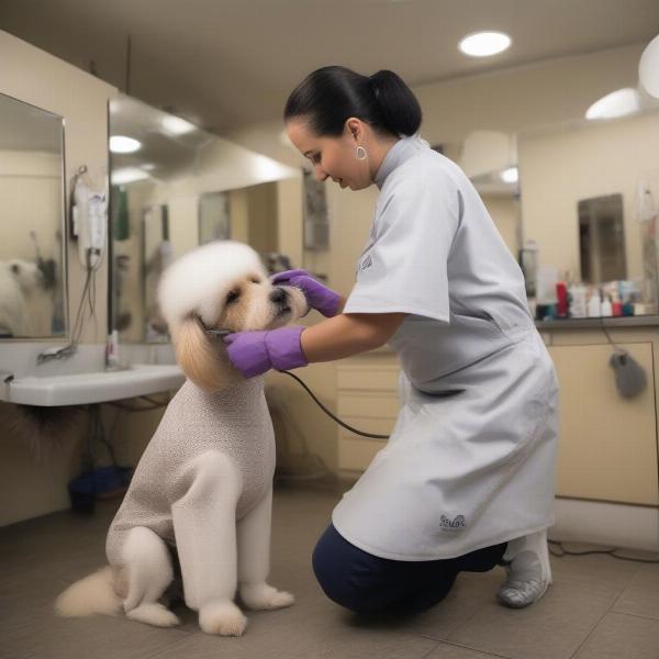 Dog groomer wearing a smock