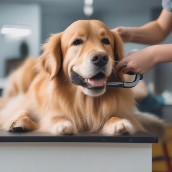 Happy dog being groomed at a salon in Albany, NY