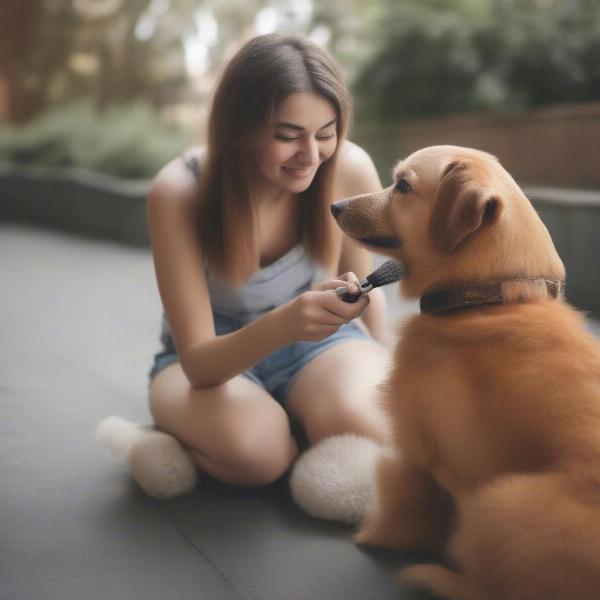 Dog Grooming Between Washes: A person brushing their dog's coat.