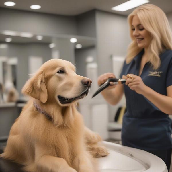 A happy dog being groomed in Kelowna