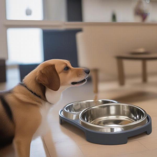 Dog Happily Eating from a Stainless Steel Slow Feeder