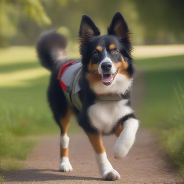 Dog happily wearing paw socks outdoors