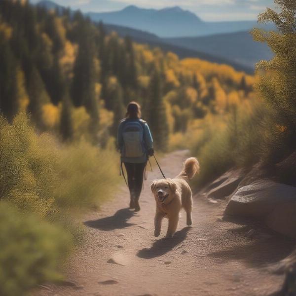 Dog hiking on a trail in Colorado with its owner