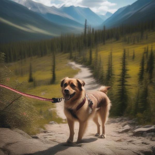 A dog hiking on a trail in Jasper National Park with its owner.