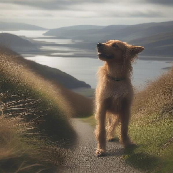 A dog enjoying a hike on the Mawddach Trail in Barmouth with picturesque views of the estuary and surrounding hills.