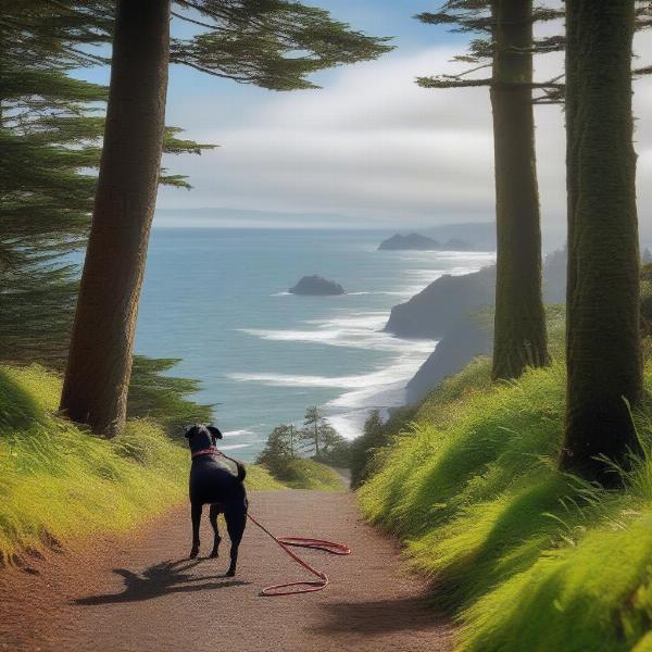 A dog on a leash hiking on a scenic trail in Brookings, Oregon